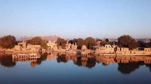 Aerial view 4k video by drone of Shrines And Temples At Gad sisar Lake Stock Footage 116088070