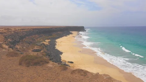 Aerial View 5 Of Ocean Waves and rock of Cotillo in Fuerteventura island Stock Footage 119588490