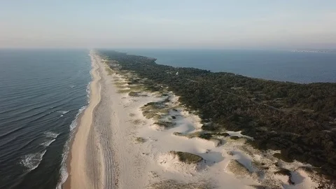Aerial View 60fps - Empty Beach at Island Beach State Park - Slow Flyover Stock Footage 114450473
