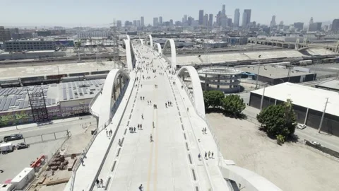 Aerial View of 6th St Viaduct Bridge in Los Angeles, Grand Opening 스톡 동영상 201044972