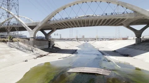 Aerial View of 6th St Viaduct Bridge in Los Angeles, Grand Opening Stock Footage 201045242