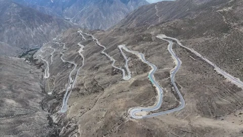 Aerial view of the 72 Turns of the Nujiang River in Basu County, Tibet on G318 Stock Footage 306856022