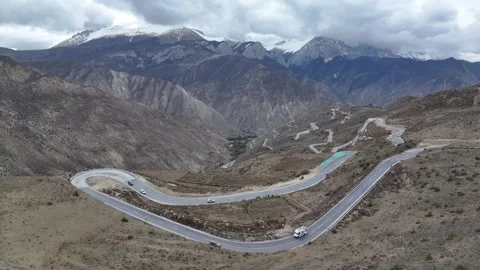 Aerial view of the 72 Turns of the Nujiang River in Basu County, Tibet on G318 Stock Footage 306856523