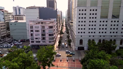 Aerial view of 9 de Octubre Avenue and Malecon Simon Bolivar in Guayaquil, Vidéo 241564274