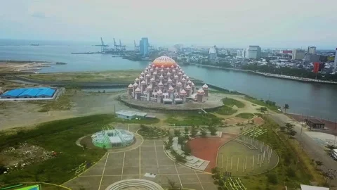 Aerial View Of 99 Dome Mosque, Losari Beach, Makassar Stock Footage 161531835