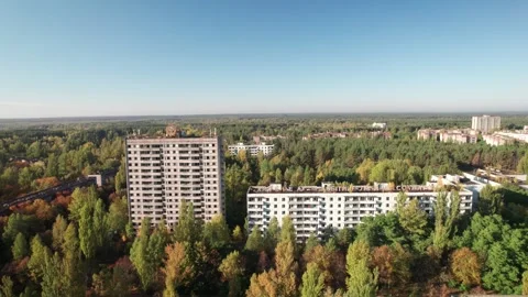 Aerial view of abandoned apartment blocks in Pripyat, Ukraine. Stock Footage 345080159