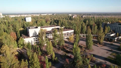Aerial view of abandoned building in Pripyat, Ukraine. Stock Footage 345080156