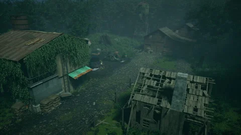Aerial view of an abandoned forest settlement at night, post-apocalyptic style Stock-Footage 309071491