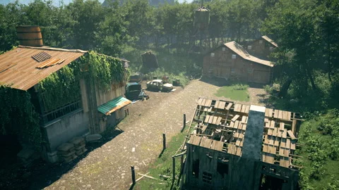 Aerial view of an abandoned forest settlement , post-apocalyptic style Stock Footage 309072372