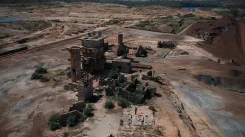 Aerial view from Abandoned Old Copper Extraction Mine Stock Footage 134835129