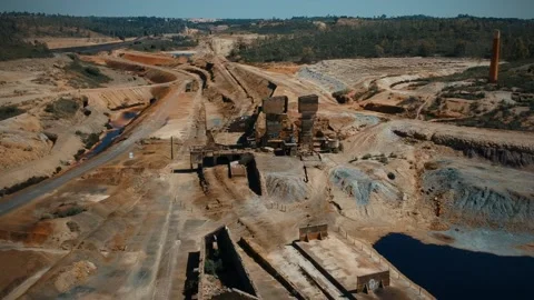 Aerial view from Abandoned Old Copper Extraction Mine Stock Footage 134835135