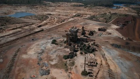 Aerial view from Abandoned Old Copper Extraction Mine Stock Footage 134835137