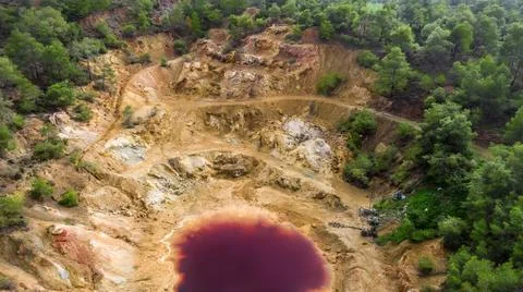 Aerial view of abandoned opencast mining pit in Mathiatis, Cyprus Stock Photos