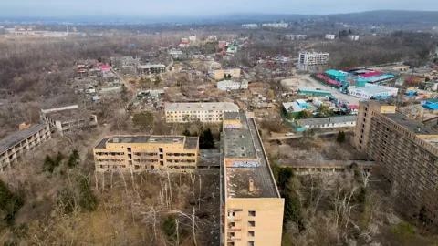 Aerial View of Abandoned Sadgorod Mud Treatment Clinic Buildings, Vladivostok Stock Footage 341427331