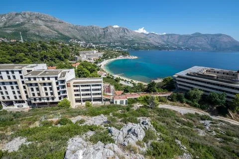 Aerial view on abandoned Tourist Complex in Kupari village, Croatia Stock Photos