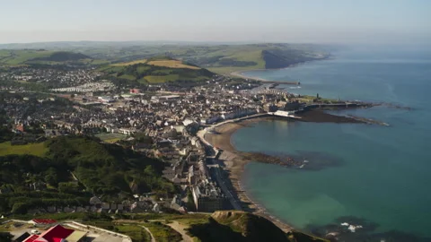 Aerial view of Aberystwyth town and coastline in Wales Stock Footage 336774867