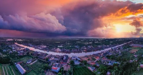 Aerial view from above in the baked brick craft village Stock Photos