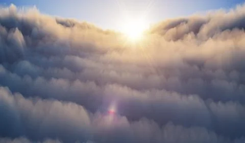 Aerial view above clouds at sunset. Weather and forecast concept. 3D rendered Illustrazione stock