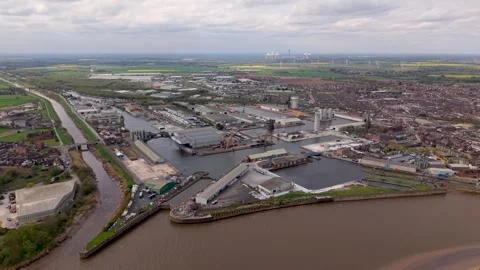 Aerial view above Goole Docks in East Yorkshire, UK Stock Footage 333594131