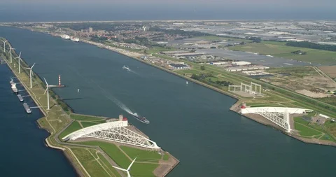 Aerial view above Maeslantkering around the Rotterdam Harbor Stock Footage