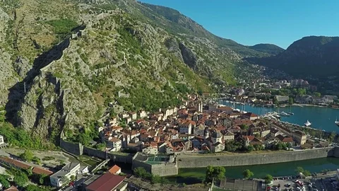 Aerial view above the old town of Kotor in Montenegro in the Bay of Kotor Stock-Footage 78223595