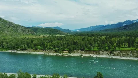 Aerial view from above over a mountain river and a green dense forest. Stock-Footage 305263553
