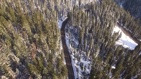 Aerial View Above A Road Through A Winter Forest Stock Footage 70289952