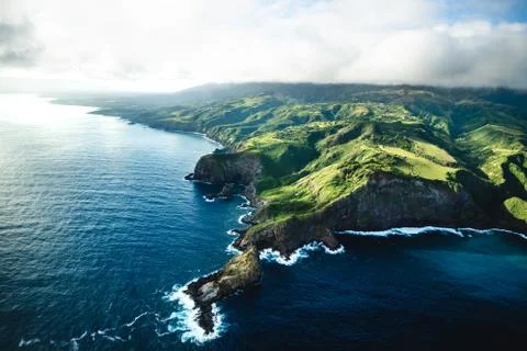 Aerial View Above Tropical Island of Maui Hawaii Landscape Stock Photos