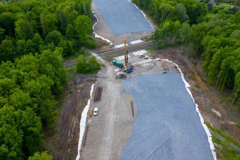 Aerial view aboveroad construction worker view from drone . Stock Photos