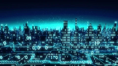 Aerial view abstract futuristic binary city, matrix, seamless loop, alpha matte Stock Footage 75919592