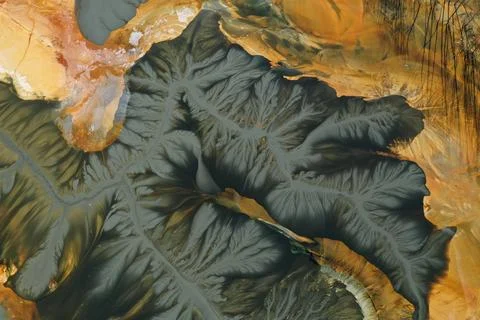 Aerial view of abstract mining pattern, nature pollution, colorful decantin.. 스톡 사진