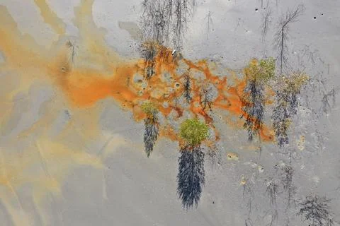 Aerial view of abstract mining pattern, nature pollution, colorful decantin.. Stock Photos