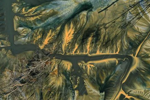 Aerial view of abstract mining pattern, nature pollution, colorful decantin.. Stock Photos