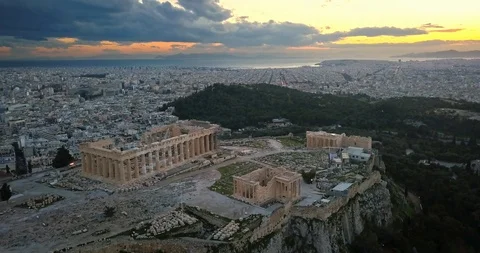 Aerial view of Acropolis of Athens at sunset Stock Footage 88120544