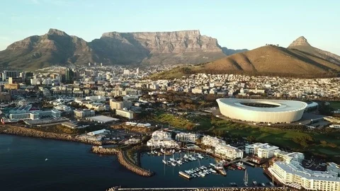Aerial view across Cape Town to Table Mountain, South Africa Stock Footage 90923418