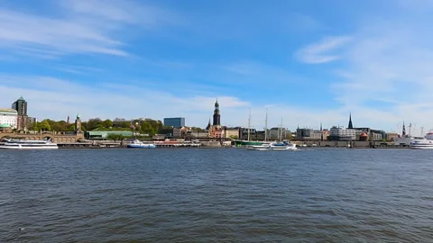 Aerial view across Elbe river over city of Hamburg. Stock Footage 241604375