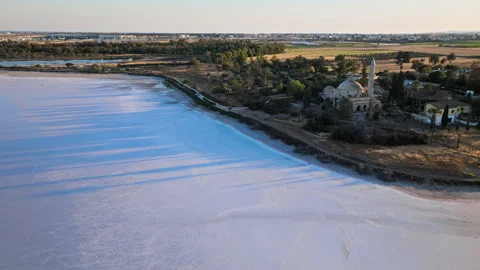 Aerial view across Larnaca Salt Lake in Cyprus. Stock Footage 341539360