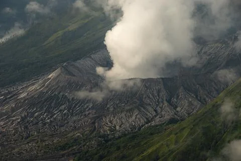 Aerial view of an active volcano called Mount Bromo Stock Photos
