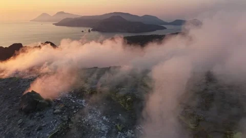 Aerial view of active volcano crater with smoking fumaroles, island of Vulcano Stock Footage 341684186