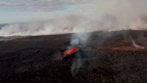 Aerial view of an active volcano with flowing lava and smoke plume, Iceland. Stock Footage 300975665