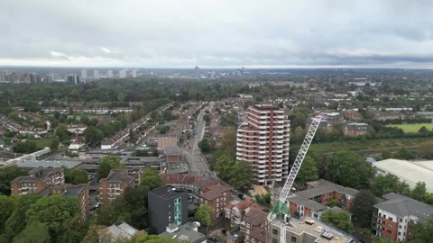 Aerial view of Acton, Borough of Ealing, West London, UK 13th Sept 2026 Stock Footage 345444498