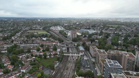 Aerial view of Acton, Borough of Ealing, West London, UK 13th Sept 2026 Stock Footage 345444696