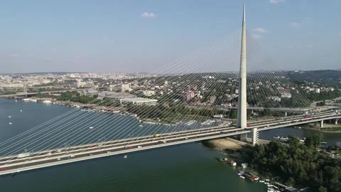 Aerial view of Ada bridge over the Sava river in Belgrade, Serbia. Summer Stock Footage 251666830
