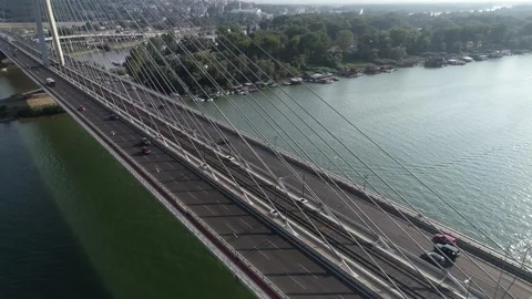 Aerial view of Ada bridge over the Sava river in Belgrade, Serbia. Summer Stock Footage 251667112