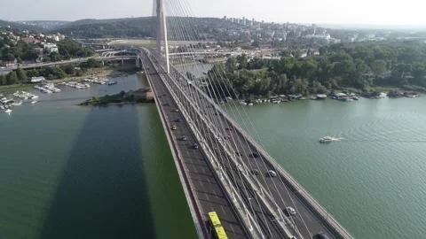 Aerial view of Ada bridge over the Sava river in Belgrade, Serbia. Summer Stock Footage 251667168