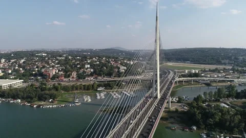 Aerial view of Ada bridge over the Sava river in Belgrade, Serbia. Summer Stock Footage 251667234