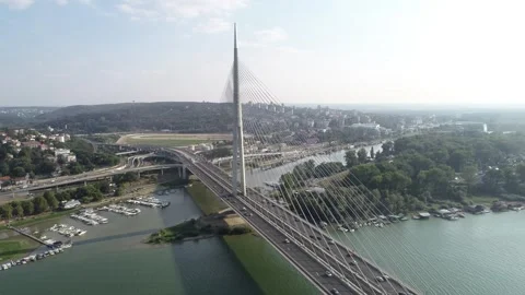 Aerial view of Ada bridge over the Sava river in Belgrade, Serbia. Summer Stock Footage 251678366