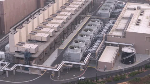 Aerial view of advanced cooling equipment at a data center Stock Footage 345780148