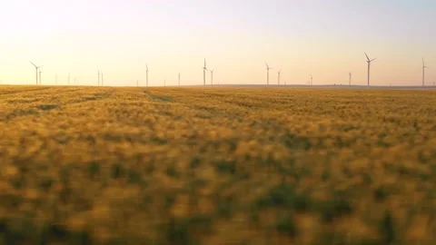 Aerial view of aeolian generators wind turbine farm in a wheat field Wind energy Stock Footage 150625168