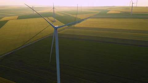 Aerial view of aeolian generators wind turbine farm in a wheat field Wind energy Video stock 150626000